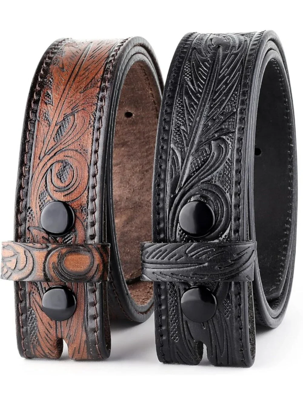 Classic Men's No-Buckle Leather Belt - 100% Full Grain, Western Casual 2-Pack